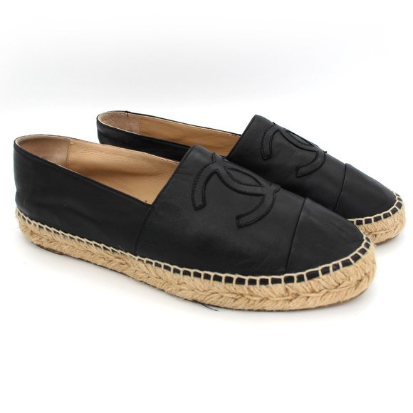 CHANEL Espadrille Black Lambskin Leather CC Logo Shoe Flats size 39 US 9 Tan - Picture 1 of 6